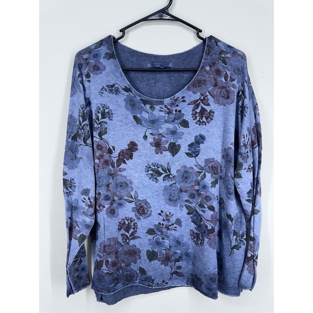 Tempo Paris Grunge MEDIUM Blue Ombré Floral Shirt Scoopneck Top Boho 2000s